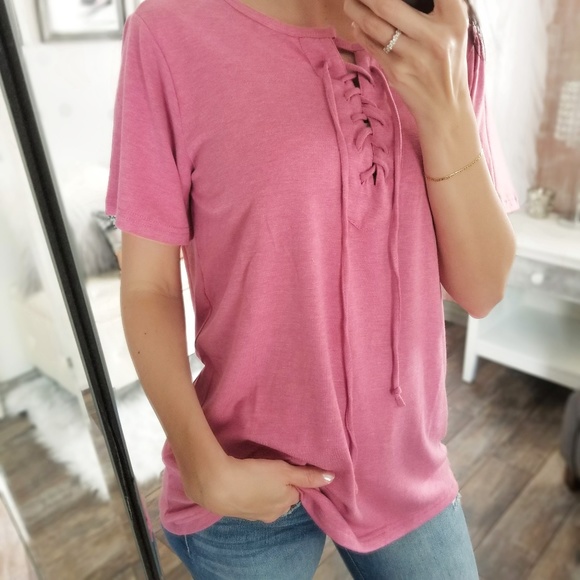 Tops - S🅾️LD OUT Raspberry Pink Lace Up Top Spring Tees